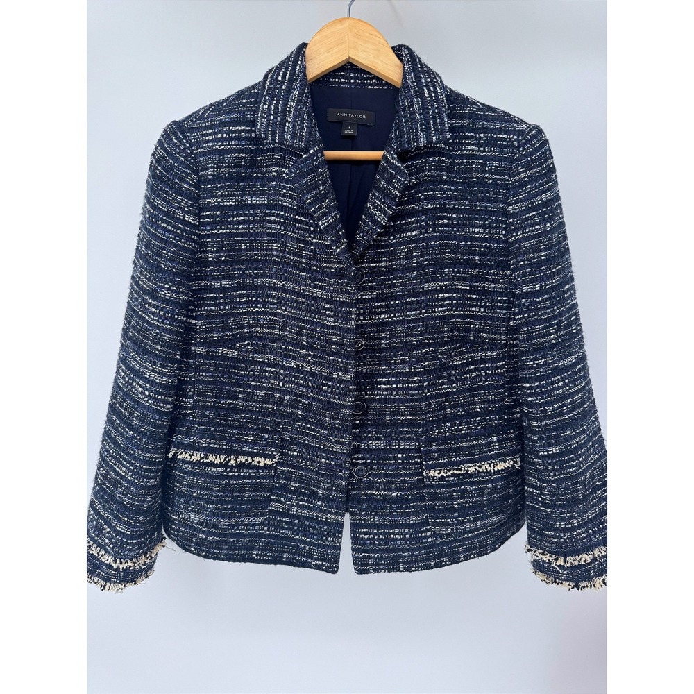 Ann Taylor Tweed Blazer Womens 8 Navy Blue Fringe Trim Workwear Jacket